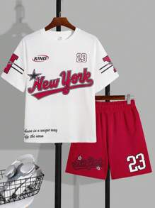 SHEIN Bộ 2 chiếc/Bộ áo phông họa tiết chữ cái thường ngày cho bé trai tuổi teen/bé trai tuổi teen và quần short rộng rãi - Nhiều màu - Xem 4