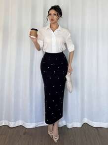 Modelyn Women's Studded Slim-Fit Elegant Pencil Skirt, Fashion Bodycon Hem For Spring/Summer