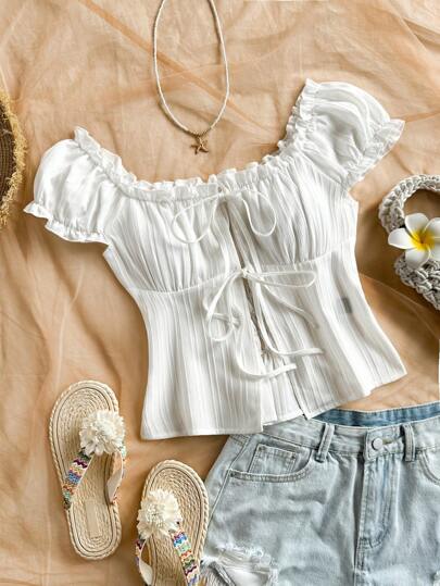 Soleia Plus Size Women Frill Trim Lace Up Casual Holiday Shirt, White, Suitable For Party, Night Out, Going Out, Back To School White Summer Top Milkmaid Top Off Shoulder Top Lace Up Top Tie Front Top