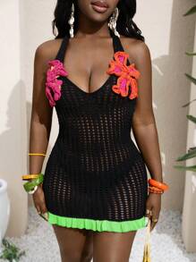 Slaydiva Nuevos arribos Primavera/Verano 2025, Conjuntos de mujer para club, Estilo de festival de música sexy, Adecuado para fiestas de cumpleaños, graduaciones, estudiantes, uso casual diario, vacaciones, cruceros, playa, tomar el sol, minimalista, vestido mini con flores 3D a ganchillo y ribete contrastante. - Negro - Ver 1