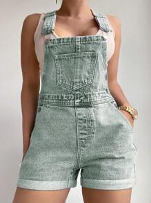 SHEIN ICON Quần yếm denim không tay thời trang thường ngày cỡ lớn đã giặt - màu xanh lá - Xem 3