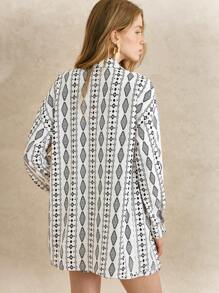 Écloséra Conjunto de dos piezas para mujer de uso diario con camisa de cárdigan de manga larga estampada de unicolor y shorts con bolsillos. Conjunto de dos piezas de verano para mujer para vacaciones. - Blanco - Ver 5