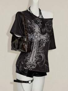 SHEIN ICON Y2K 复古垃圾风十字印花斜肩宽松休闲T恤