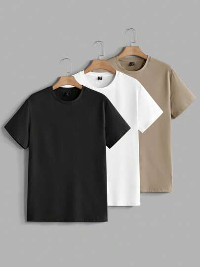 Manfinity BRENVOR Paquete de 3 camisetas sencillas de cuello redondo, de manga corta, de unicolor y sueltas de moda informal para hombres