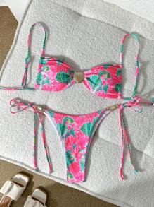 SHEIN Random Print Wireless Shell Decor Cami Top And Drawstring Side Swim Bottoms Women Summer Beach Holiday Tankini Bikini Set - Multicolor - View 2
