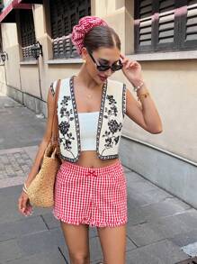 SHEIN Unity Ladies Embroidered Casual Vacation Chic Sleeveless Open Front Shirt - Multicolor - View 1
