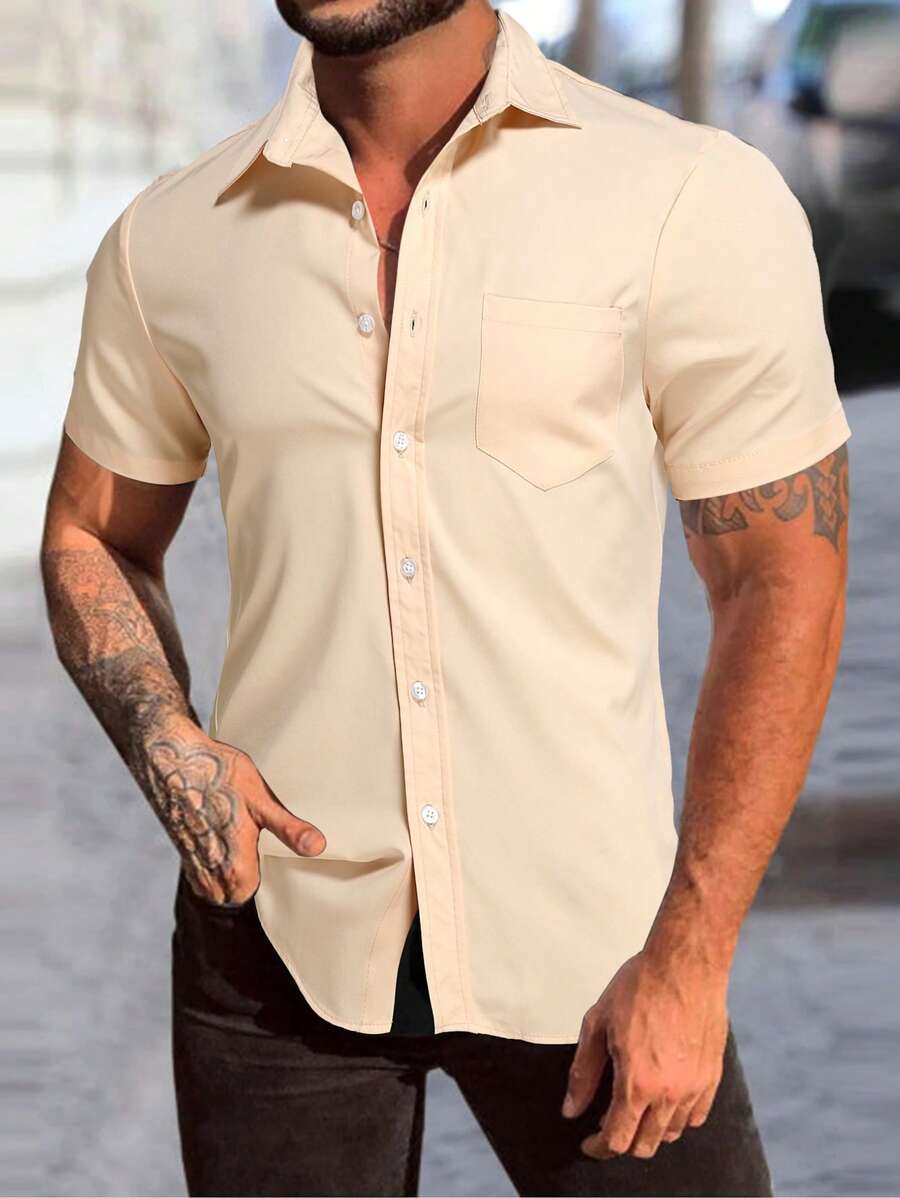 Manfinity Homme Men's Plain Single-Breasted Casual Short Sleeve Shirt Beige Shirt Men Cream Shirt Men Men Cream Shirt Beige Button Up Men Men Beige Button Up Shirt - Apricot - View 1