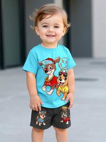 2pcs Baby Boy Casual Simple Crew Neck Short Sleeve Shorts Set, Suitable For Summer - Multicolor - View 1