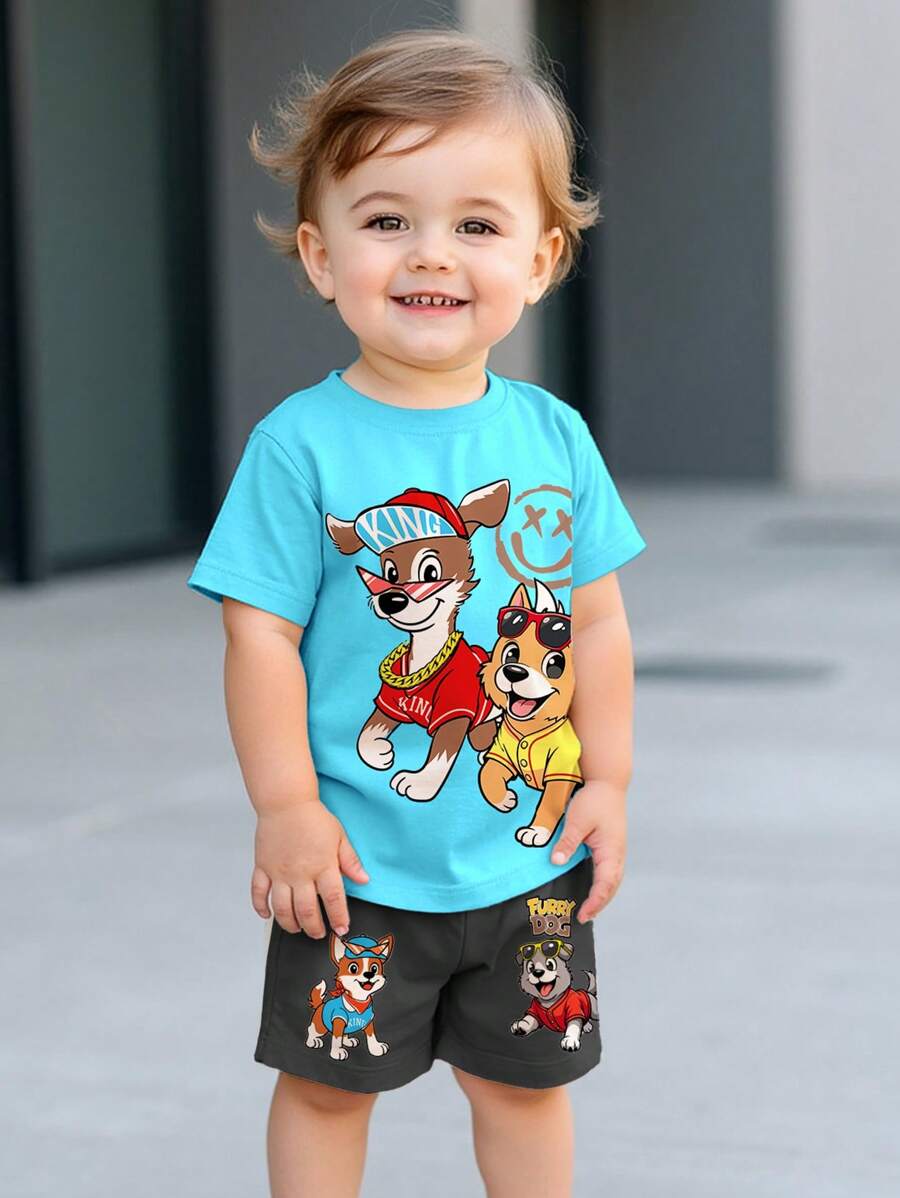 2pcs Baby Boy Casual Simple Crew Neck Short Sleeve Shorts Set, Suitable For Summer - Multicolor - View 1