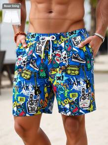 Surfspeed Short de playa con bolsillos y cordón en la cintura, con estampado de letras, adecuado para vacaciones - Azul - Ver 1
