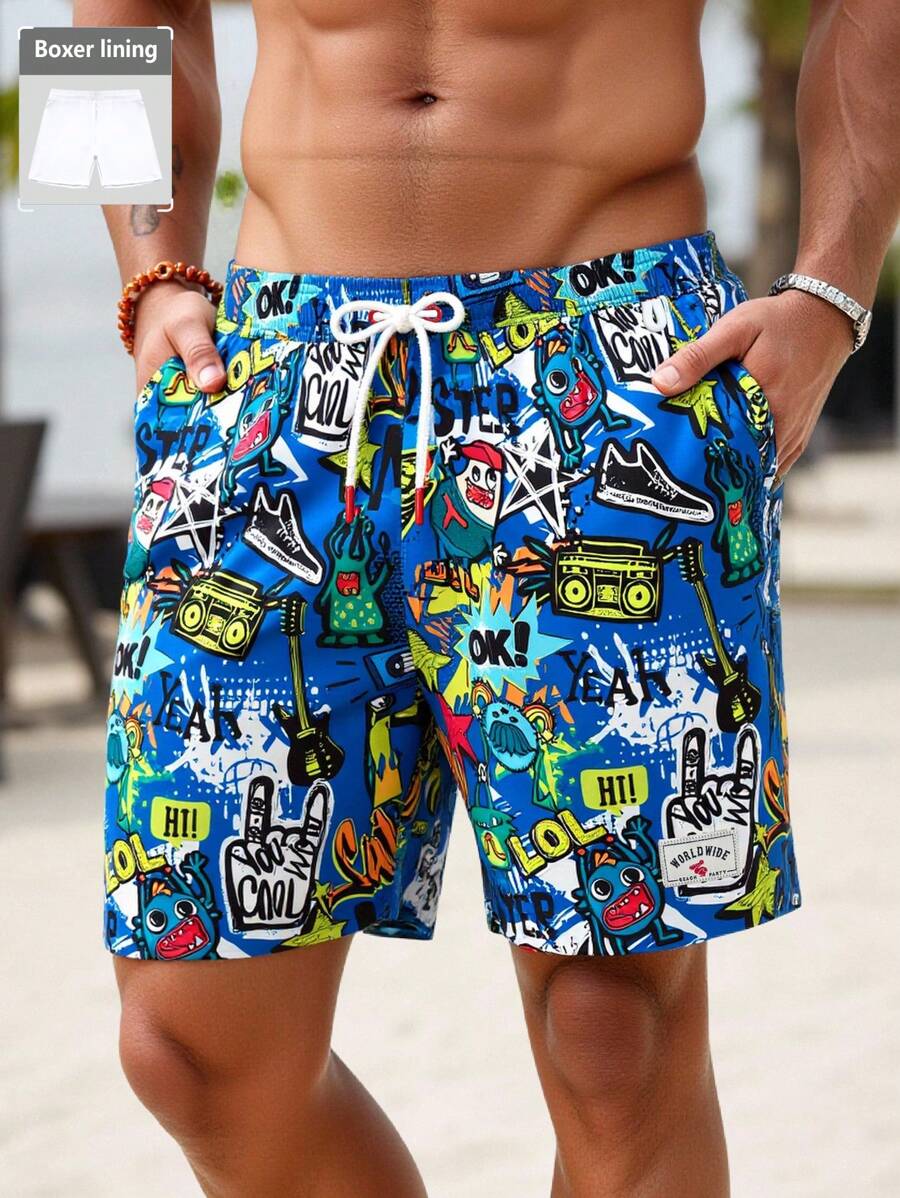 Surfspeed Short de playa con bolsillos y cordón en la cintura, con estampado de letras, adecuado para vacaciones - Azul - Ver 1