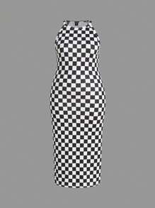 SHEIN EZwear Plus Size Women Slim-Fit Checkerboard Print Dress For Summer - Black and White - View 1