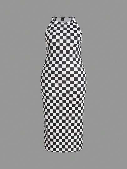 SHEIN EZwear Plus Size Women Slim-Fit Checkerboard Print Dress For Summer