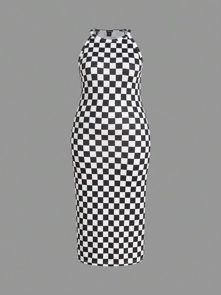 SHEIN EZwear Plus Size Women Slim-Fit Checkerboard Print Dress For Summer - Black and White - View 1