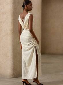 Aveloria Rosie Brown Cut-Out Front & Back V-Neck Fitted High Slit Sleeveless Midi Dress