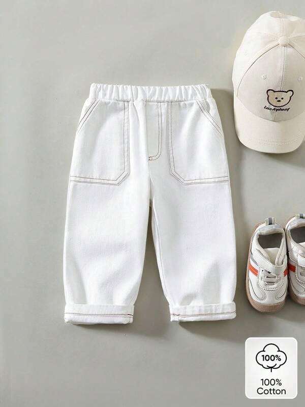 Infant/Baby Solid Color Decorative Seam Pockets Straight Leg Casual Jeans, Suitable For Autumn/Winter Outfit