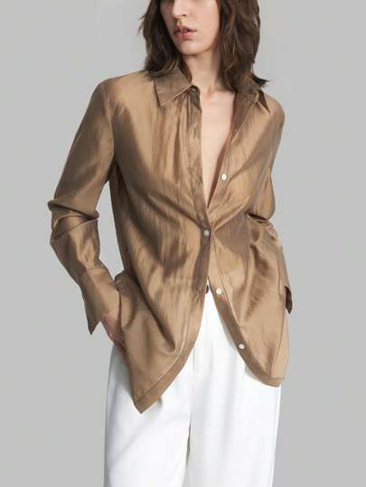 Ontre Women's 2026 SS Spring & Summer Brown Solid Color Blouse, Loose Casual Long Sleeve Shirt With Turndown Collar, Elegant Urban Chic For Office, Teacher, Holiday, Fashion Versatile Women Shirt