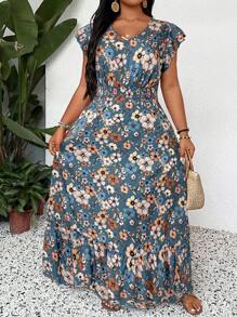 SHEIN LUNE Plus Size Women V-Neck Allover Print Simple Long Casual Dress Bohemian Summer Boho Old Money Summer Outfits For Women Spring Break Rave Outfits Festival Spring Break Outfits Look São João São João São João 2025 Midsummer Day Outfit Graduation Dress Wedding Guest Dress Women Vacation Outfits Woman Beach Outfits For Woman Festival Sundress Birthday Dresses For Women Summer Long Dress Long Floral Dress Women Casual Long Dress Short Sleeve Maxi Dress Women Vacation Dress,Maxi Dress