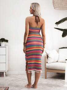 SHEIN Bohemian Style Crochet Multi-Color Fringe Hem Backless Halter Neck Top And Split Hem Skirt 2-Piece Set, Maternity - Multicolor - View 2