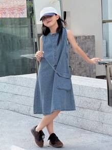 Girls Sleeveless Denim Jumper Dress, Tween Girl Autumn Clothes - Blue - View 5