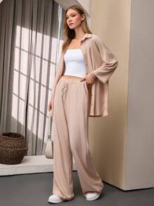 SHEIN Tall Conjunto informal de 2 piezas para mujer alta, compuesto por una camisa de manga larga con caída en los hombros de unicolor y pantalones con cintura de amarre propio