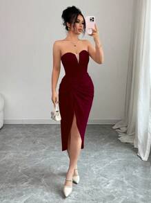 Elenzga Đầm xòe xếp ly cổ chữ V lãng mạn thanh lịch dành cho nữ - Màu Đỏ Sâu - Xem 6