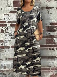 EMERY ROSE Robe décontracté à manches courtes à encolure ronde avec poche, imprimé camouflage, grande taille, pour femmes, en été