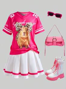 SHEIN Explorewe Conjunto de vestido casual blanco con camiseta de manga a rayas y diseño de capibara lindo para niñas en verano - Rosa - Ver 2