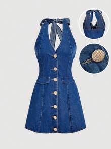 SHEIN MOD 女士休闲时尚前扣系带牛仔背带金属纽扣修身牛仔连衣裙 - 中等水洗藍 - 查看 6