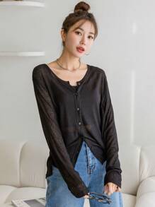 DAZY Camisa de mujer de manga larga con botones delanteros de unicolor, estilo casual y de negocios, ropa de mujer para otoño - Negro - Ver 6