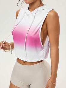 Easithlete Women's Summer Gradient Breathable Drawstring Hooded Tank Top Cropped Workout Top Gradient Gym Top Workout Crop Top - White - View 1
