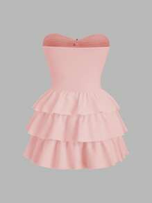 Sweetra Đầm mini hở lưng xếp ly viền bèo nhún vá, thiết kế tối giản đơn giản, ngọt ngào, thanh lịch theo phong cách nghỉ dưỡng dành cho nữ mùa xuân/hè - Hồng - Xem 2