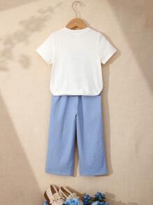 SHEIN 两件套女童休闲时尚白色刺绣图案圆领短袖T恤和直筒运动裤套装，女童裤装套装，两件套女童服装裤装套装 - 彩色 - 查看 2