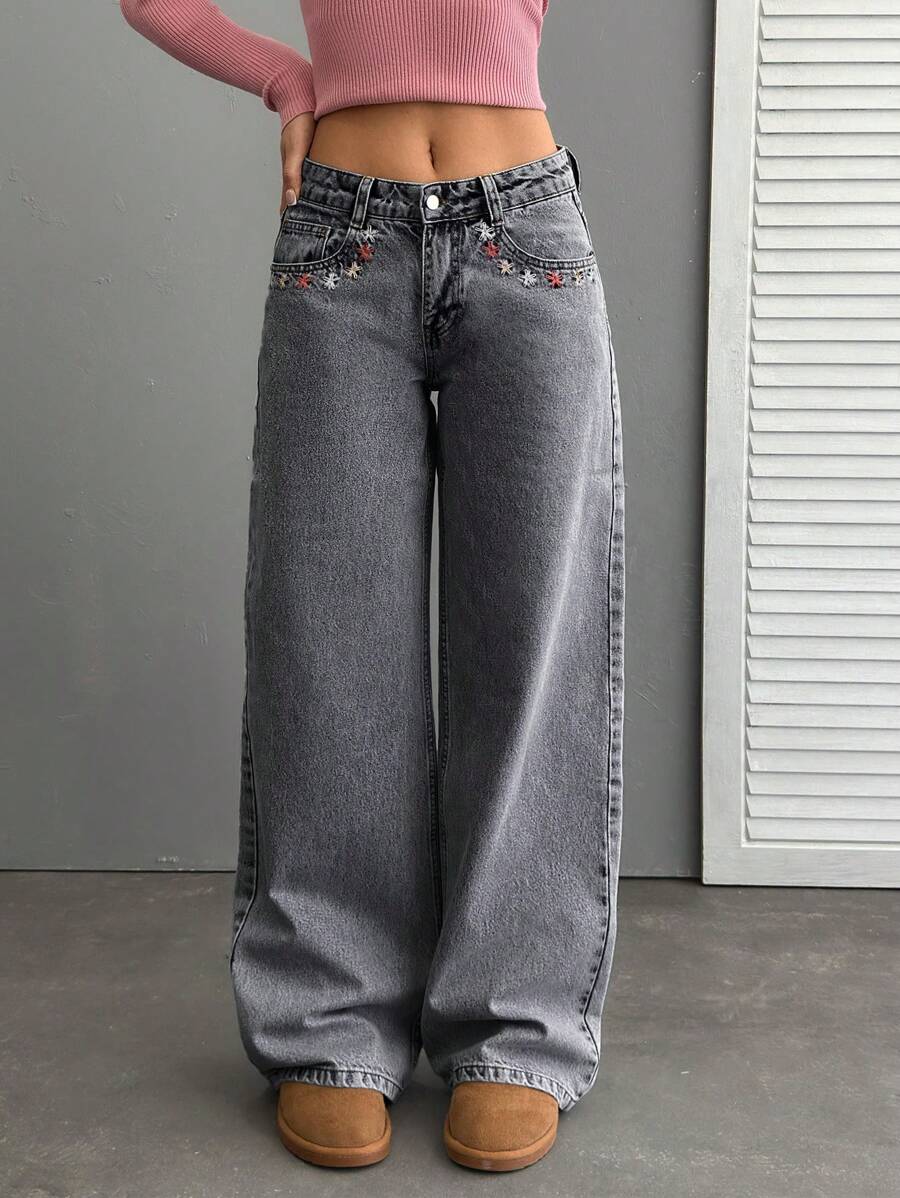 EURMUSE Women Floral Embroidered Low Waist Wide Leg Loose Casual Jeans - Dark Grey - View 1