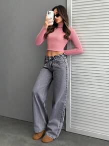 EURMUSE Women Floral Embroidered Low Waist Wide Leg Loose Casual Jeans - Dark Grey - View 5