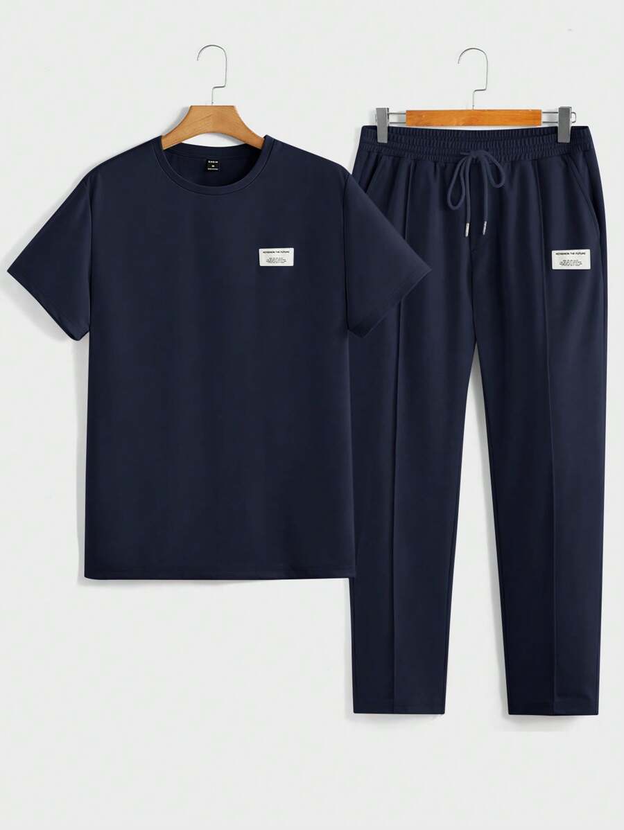 Manfinity BRENVOR Men Spring/Summer Casual Plain Patched Detail Short Sleeve T-Shirt And Long Pants 2pcs Set, Cozy Outfits - Navy Blue - View 1