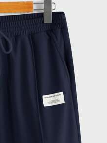 Manfinity BRENVOR Men Spring/Summer Casual Plain Patched Detail Short Sleeve T-Shirt And Long Pants 2pcs Set, Cozy Outfits - Navy Blue - View 9