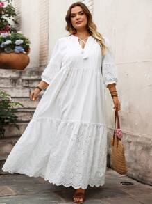 SHEIN CURVE+ Plus Size Vacation Summer 3/4 Sleeve Embroidered Loose Dress Summer/Country/Beach Vacation Outfits/Beach Outfits/Beach Wear,Maxi Dress White Eyelet Dress White Boho Dress Plus Size White Dress White Summer Dress Cottagecore White Dress