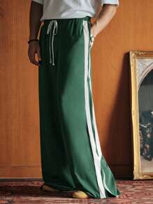 Manfinity VCAY Unisex Casual Knit Mid-Rise Drawstring Waist Split Hem Side Tape Embellished Wide Leg Sweatpants - Green - View 5