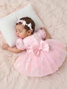 SHEIN Newborn Floral Embroidery Tulle Dress With Photoshoot Props Set Fall Winter - Pink - View 1