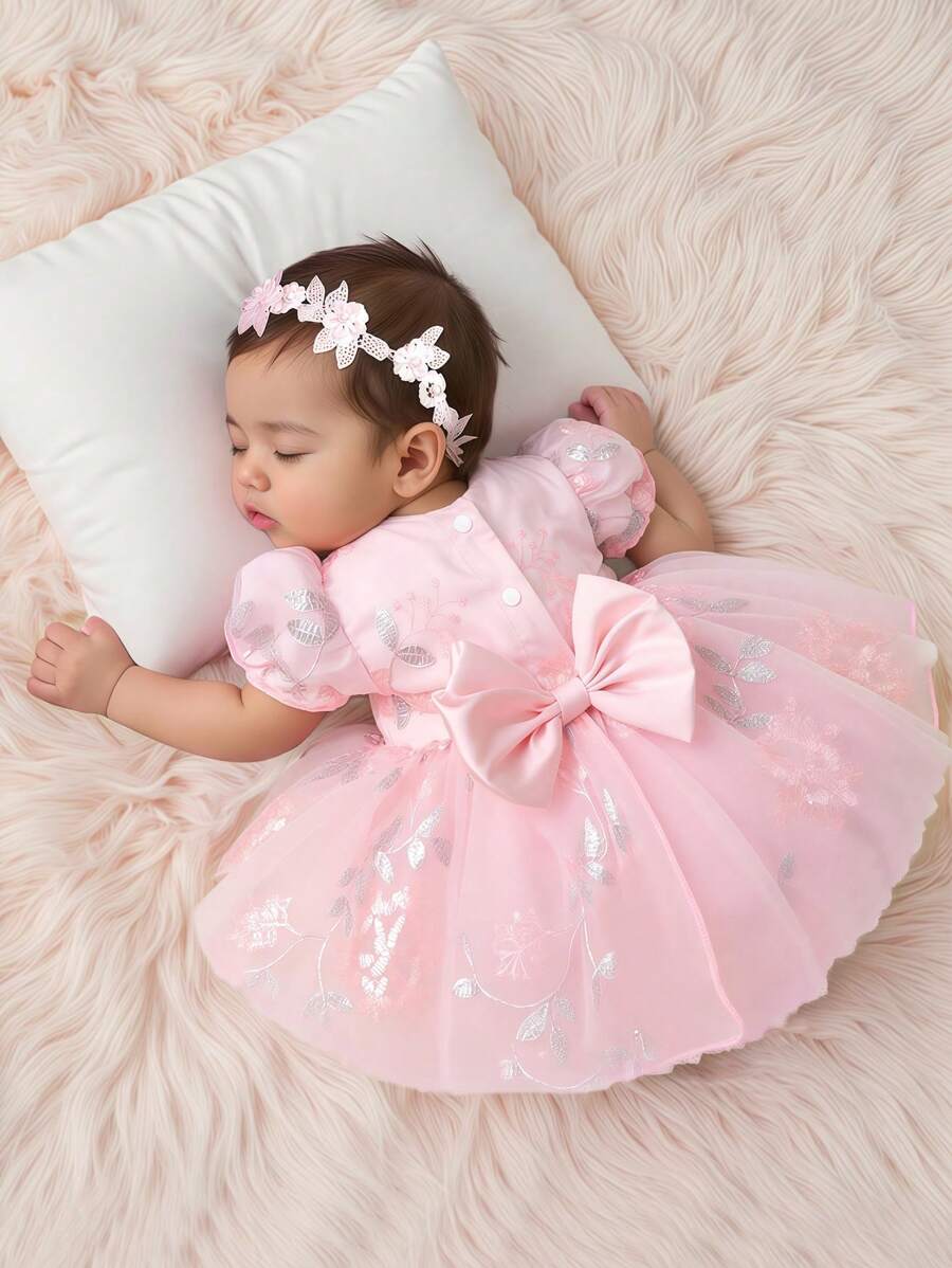 SHEIN Newborn Floral Embroidery Tulle Dress With Photoshoot Props Set Fall Winter - Pink - View 1