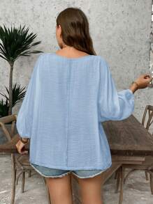 SHEIN LUNE Plus Size Casual Textured Flowy Blouse, Summer Mother's Day Church Baby Blue Top, Light Blue Top Summer Tops - Baby Blue - View 9