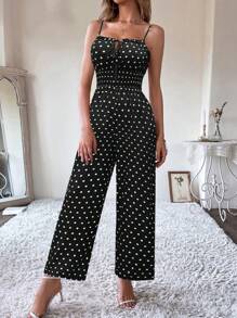 VaVaBold Polka Dot Print Tie-Knot Front Jumpsuit, Casual And Fashionable For Summer