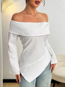 Modelyn Blusa de verano con hombros descubiertos, textura estriada y asimétrica para mujer - Blanco - Ver 1