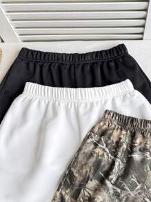 Conjunto de 3 piezas de shorts casuales de punto sólido, estampado de rama desnuda y camuflaje para niña preadolescente, de vuelta a la escuela, a juego con mamá - Multicolor - Ver 7