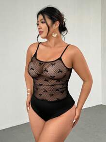Firerie Plus Size Spring/Summer New Comfortable Casual Elegant Sexy Stretchy Polka Dot Bow Sheer Mesh Bodysuit For Women - Black - View 6