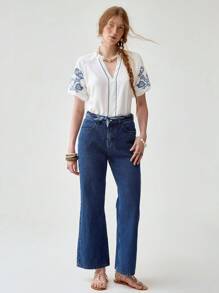 Florisole Casual Elegant Floral Embroidered V-Neck Puff Sleeve Loose White Blouse For Women, Comfortable Breathable Fabric, Suitable For Daily, Holiday And Summer - White - View 5