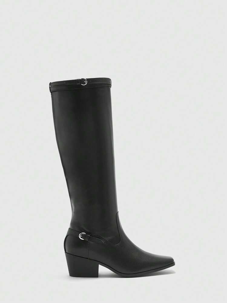 CUCCOO BIZCHIC Women's Square Toe Chunky Heel Boots, Black PU Fabric With Silver Buckle Decor, Fashionable, Comfortable For Everyday Wear And Formal Occasions