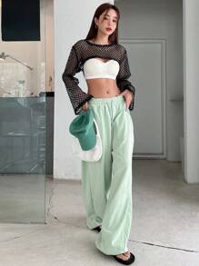 DAZY Solid Hollow Out Crop Top Festival Sheer Long Sleeve Women Tops