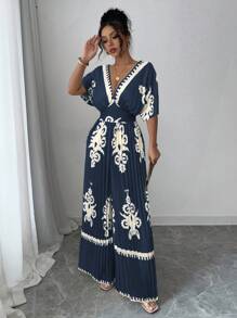 Elenzga Bộ đồ liền thân in họa tiết tay loe cổ chữ V sâu nhún bèo cho kỳ nghỉ dành cho nữ - Màu xanh hải quân - Xem 4